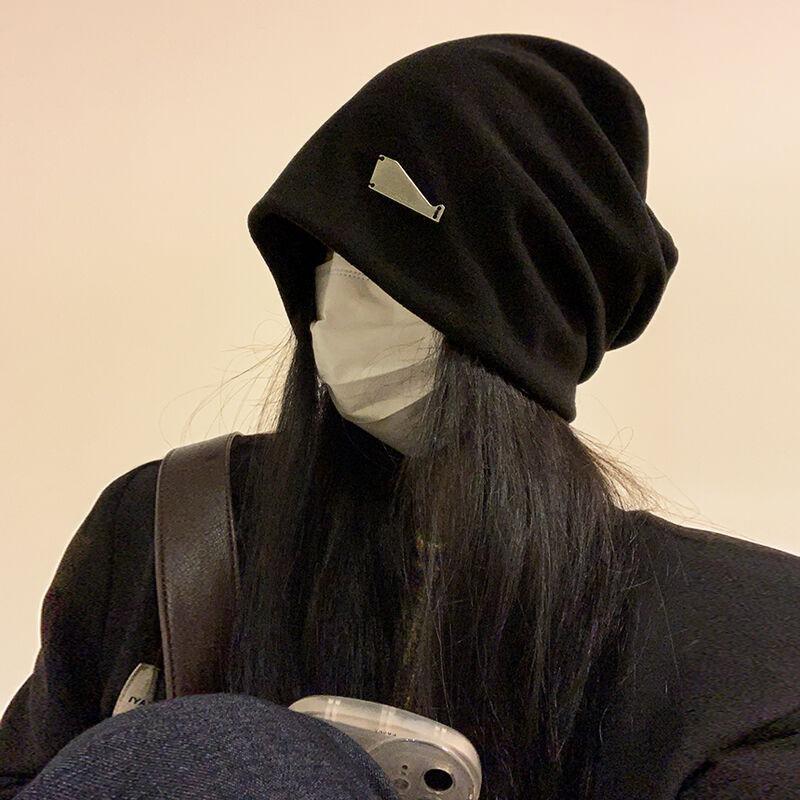 Lazy wind black pile hat women's autumn and winter fashion pullover confinement hat big head circumference showing face small bag head hat