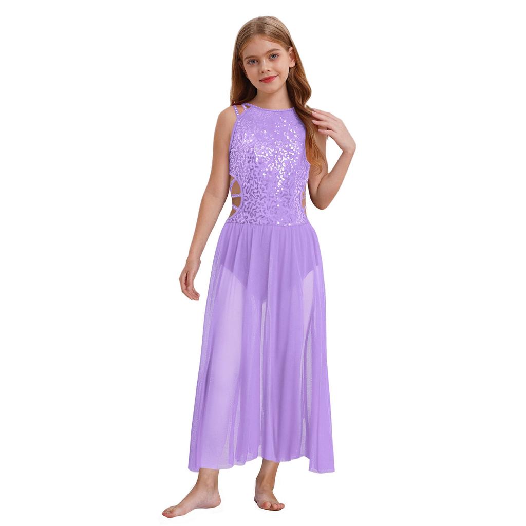 Girls Performance Dress Shiny Sequins Rhinestones Strappy Cutout Waist Side Split Mesh Dancewear