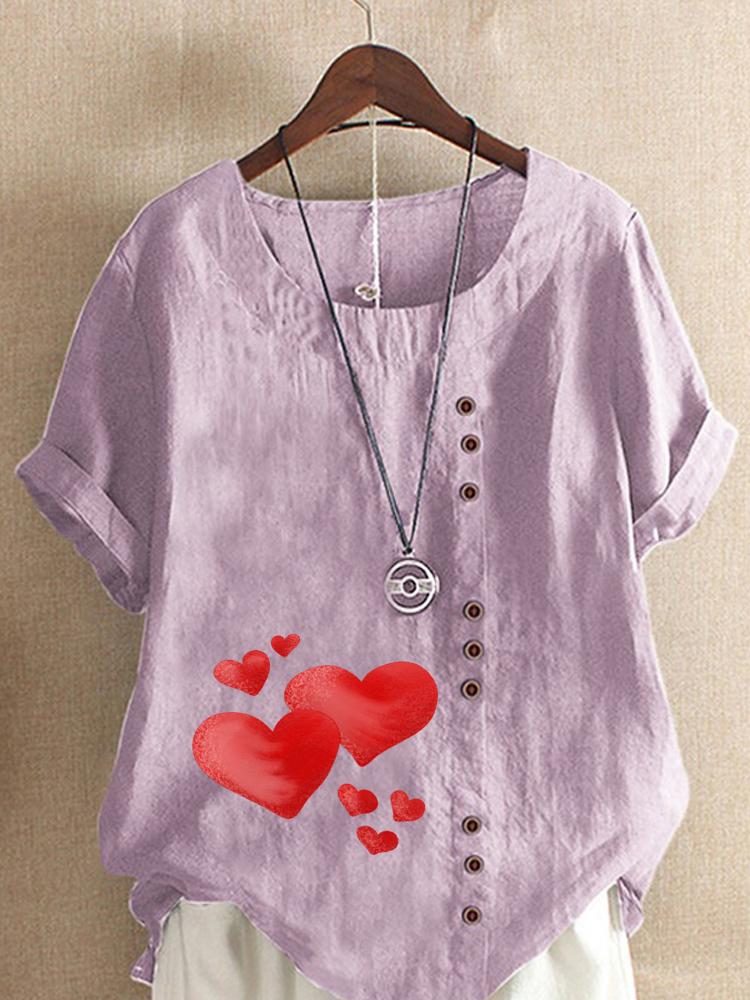 Women's Fashion Red Heart Print Round Neck Short Sleeve T-shirt Summer Casual Cotton Linen Graphic Shirt Leisure Loose Blouse Tops