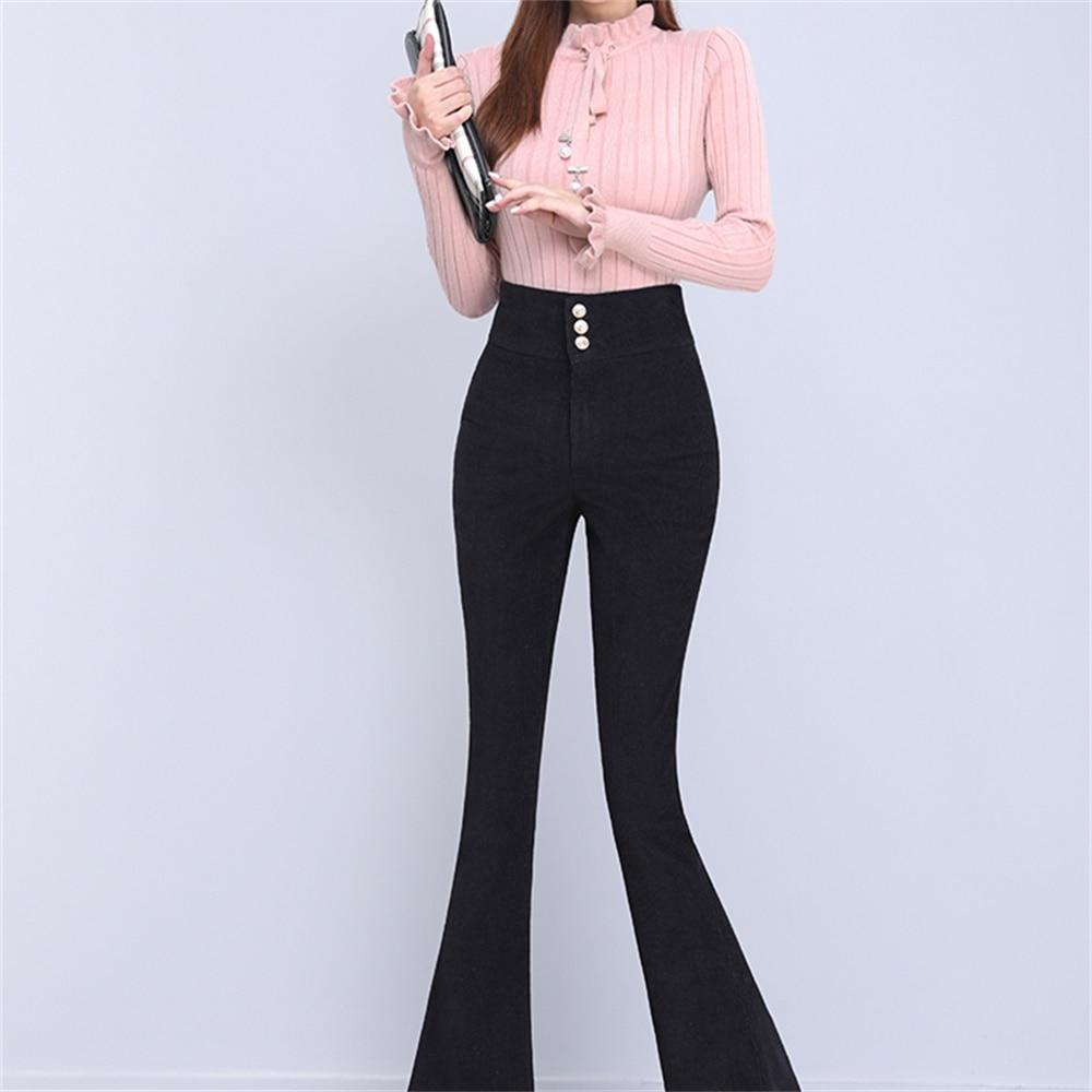 

Осень-зима модные корейские вельветовые брюки-клеш женские элегантные пуговицы эластичные узкие брюки с высокой талией S