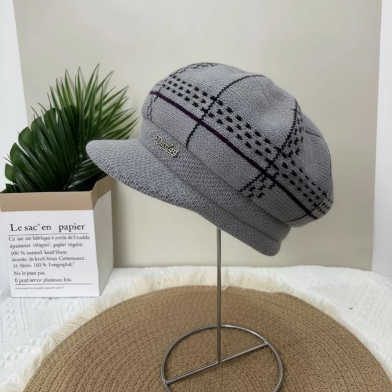 Damenmode Woll-Entenschnabelmütze für Herbst/Winter - Gemütliches Strickmuster mit Samtfutter, Perfekt für Mittelalte und Ältere.