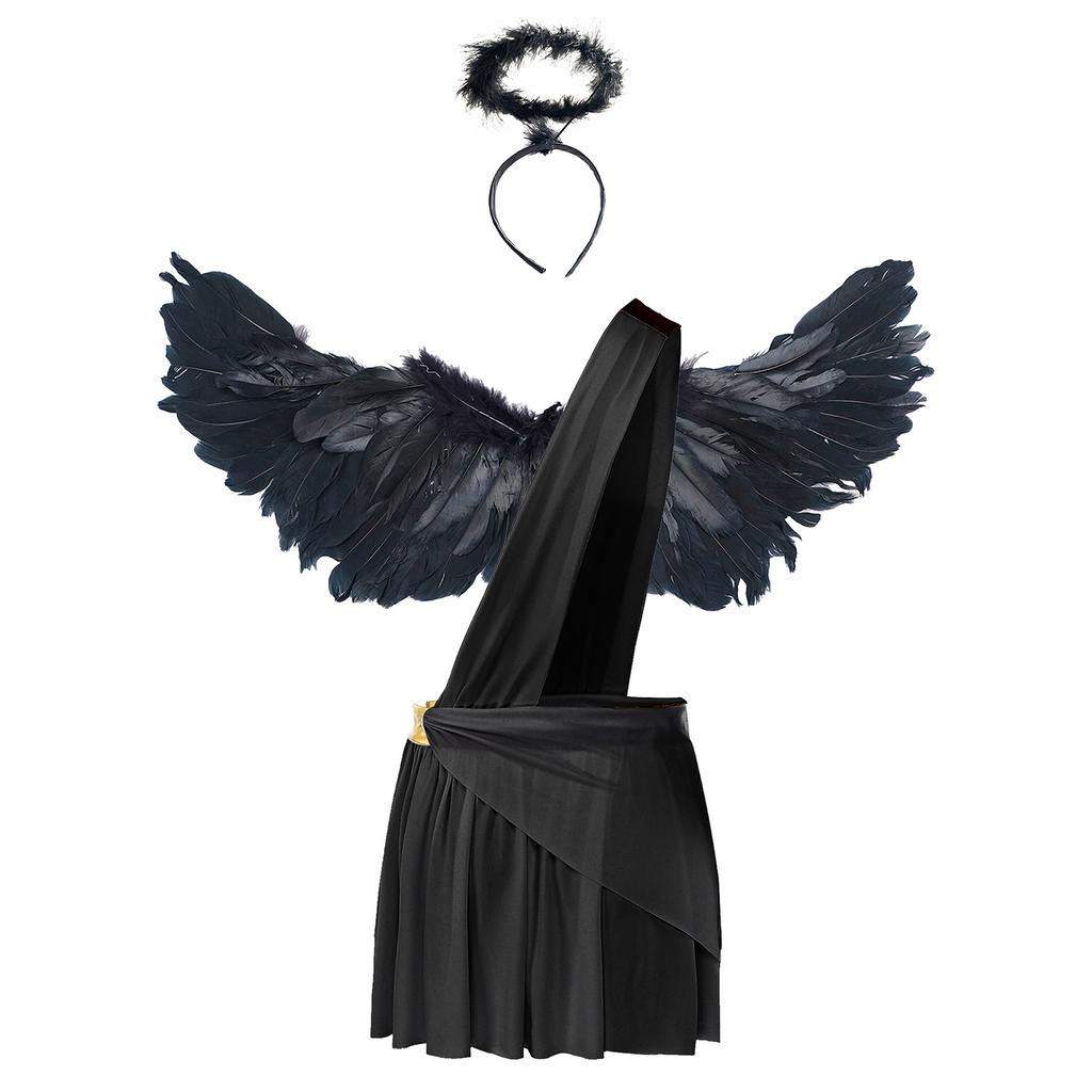 Mens Halloween Angel Costume One Shoulder Strap Ruffle Skirt Feather Angel Wings Hair Hoop Set