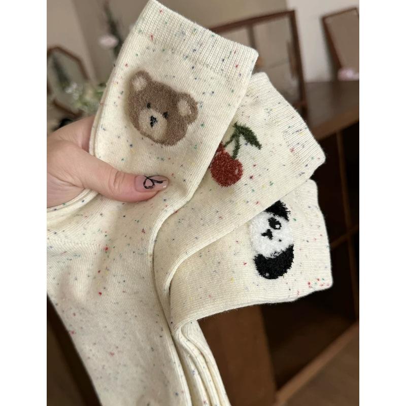 Cute Socks, Women's Bow, Dot-yarn, Pure Cotton Mid-calf Socks, Cartoon Bear, Colorful Dot Socks