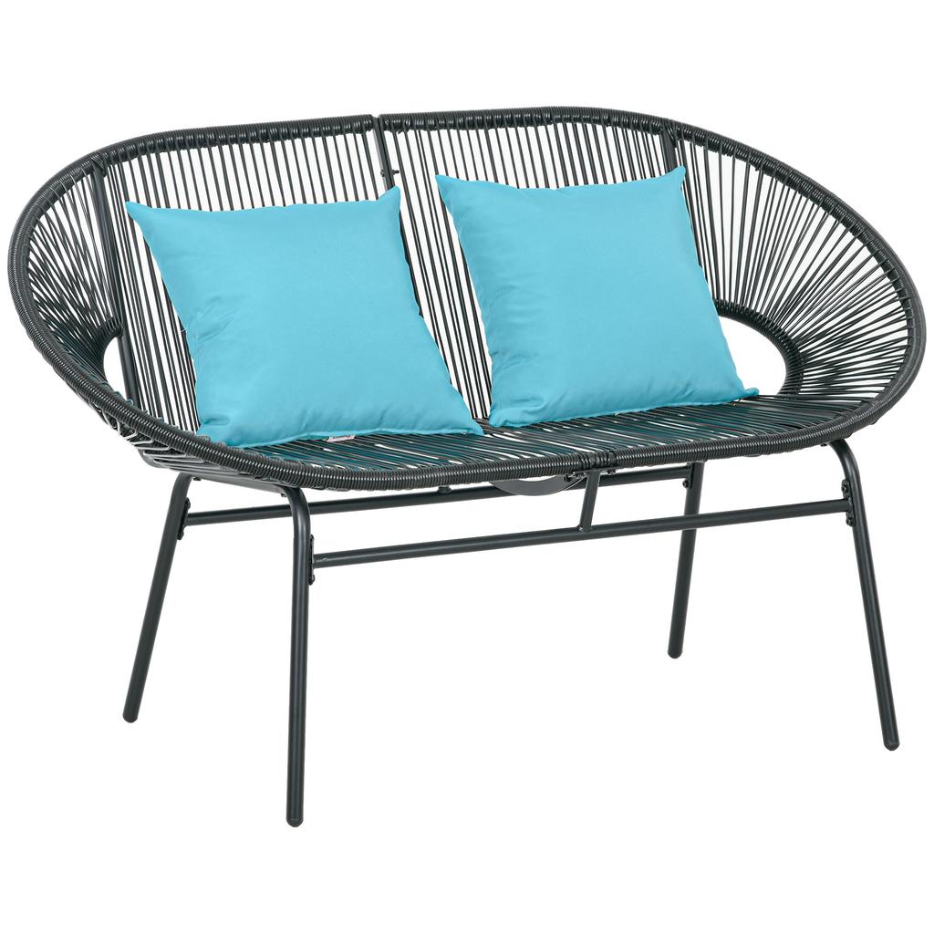 Bench Garden Bench 2-Seater In Metal and Resin Rope with 2 Cushions - Dim. 132L X 72W X 83H Cm - Black
