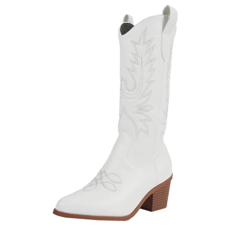 White Large Size Mid-Calf Boots Pointed Toe Square Heel Women Shoes Embroidery Cowgirl Knight Boots Vintage Black High Heels
