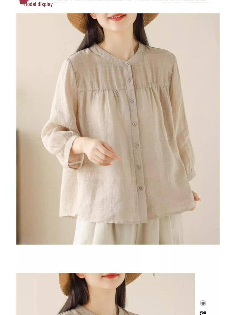 Summer Cotton Linen Casual Women's Blouse - Lightweight, Loose, and Slimming Seven-Sleeve Sunscreen Top