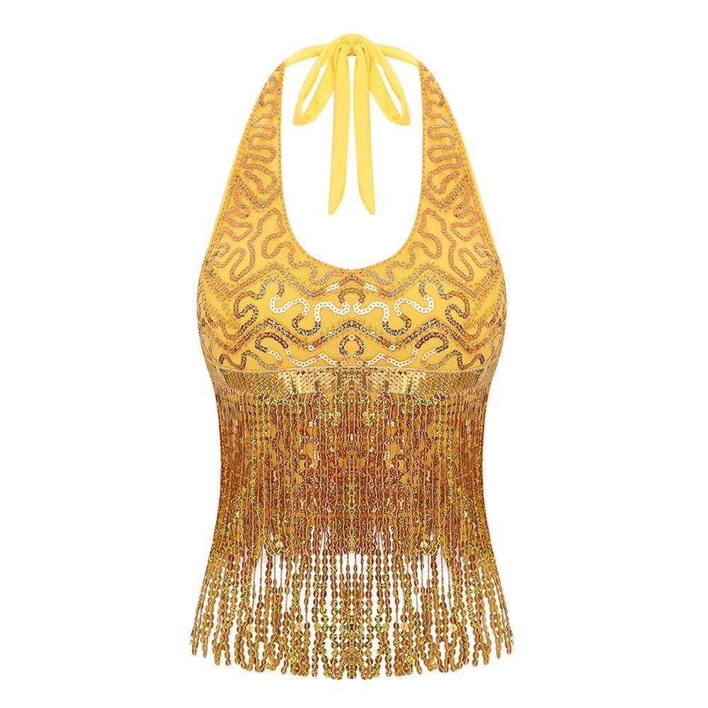 

Shiny Belly Dance Bra Halter Neck Sequins Crop Top Charming Latin Dance Top Festivals золотий