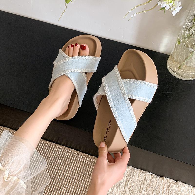 Slippers Women Wear One Word Cool Slippers In Summer Lazy Cross Retro Sub-belt Flat Bottom Cool Versatile Beach Small Fragrance
