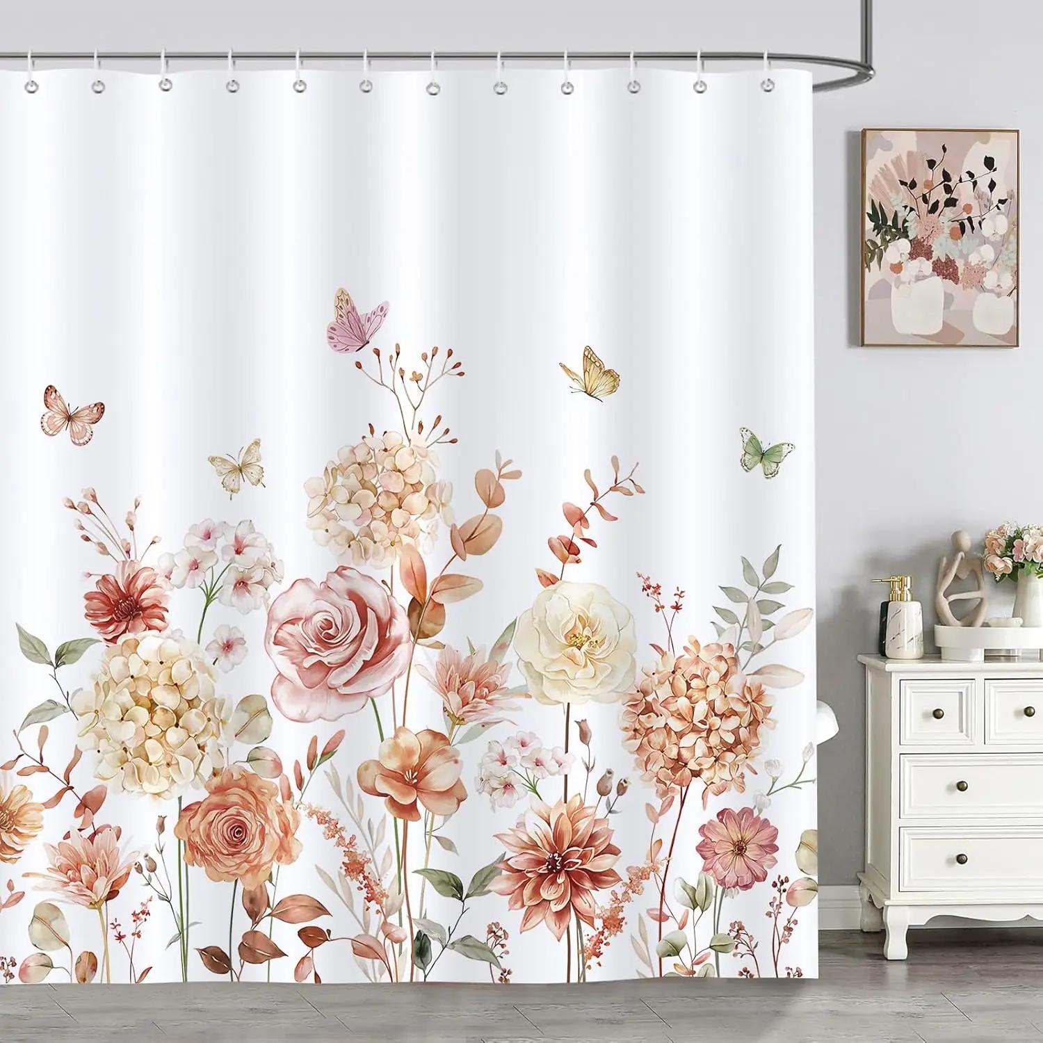 

Botanical Floral Leaf Shower Curtain Autumn Thanksgiving Lavender Watercolour Polyester Shower Curtain Bathroom Decor with Hooks 90x180cm