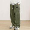 Men's Beige Corduroy Wide Leg Pants Drawstring Waist Casual Trousers with Side Pockets