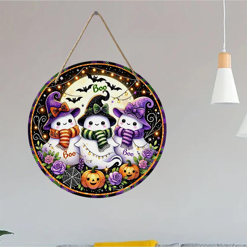 Cute ghost pumpkin pattern round wooden hanging plaque vintage Halloween wall decor festive home porch ornament indoor outdoor holiday sign