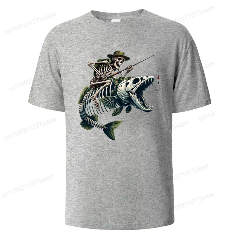 Herren Sommer T-Shirts Lockere Größe Angeln Jäger Print Lässig Bequem Rundhals Kurzarm T-Shirt Fischskelett Herren Top