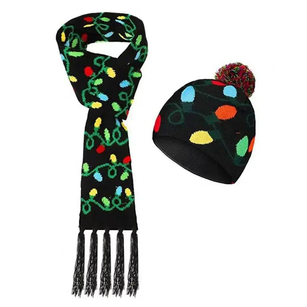 

Детская шапка и шарф, светодиодная рождественская шапка, снежинка, Санта-Лось, рождественская елка, зимняя шапка, новогодний праздничный шарф с кисточками, комплект шапок