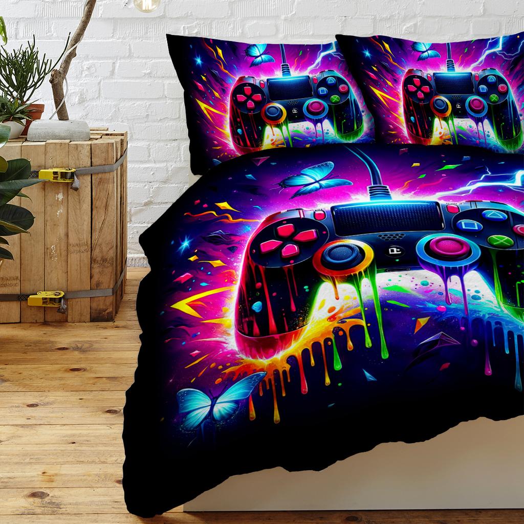 3pc Colored Paint Video Game Controller Duvet Cover Blue Butterfly Print Comforter Cover 3 Pcs Bedding Cover 2 Pillowcases