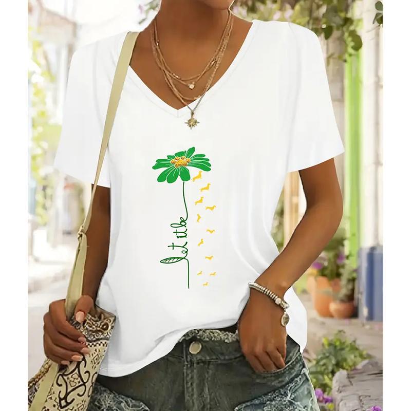 Fashion Flower Pattern Painting Blouses Short Sleeved V-Neck T Shirts Casual