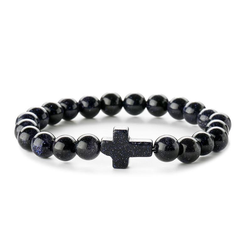 Bedel Natuursteen Armband Kruis Zwarte Lavasteen Kralen Armbanden Handgemaakt Mannen Vrouwen Gebed Fitness Ketting Koppel Sieraden Cadeau