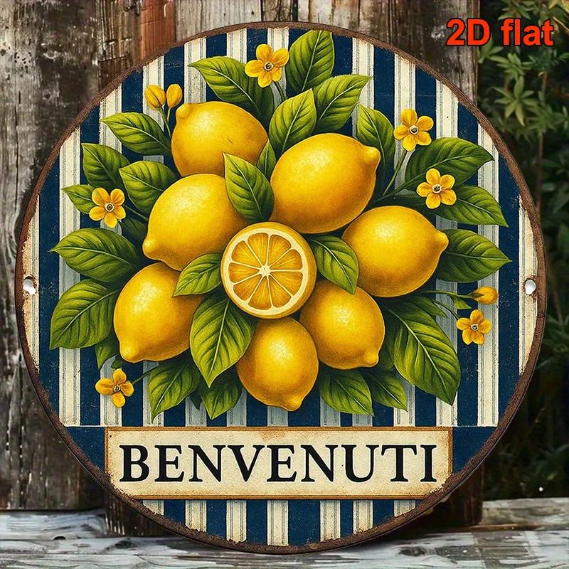 2D Flat, 1pc, 8x8 Inch Round Italian Aluminum Sign, Vintage Decorative Plaque with "Lemon" Theme, Kitchen Wall Art, Suitable for