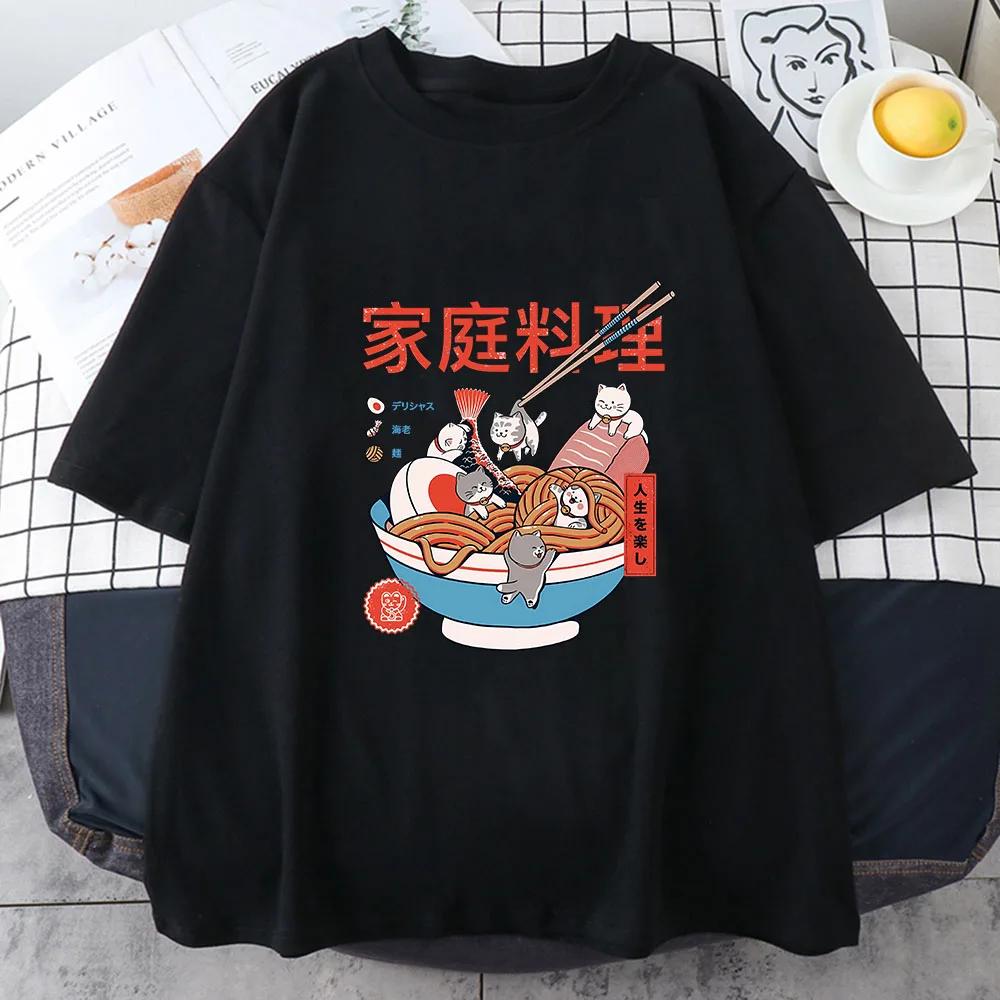 Ramen Cats Women Japanese Anime Characters T-shirts Casual T Shirts Summer Harajuku Kawaii Clothing Slight Strech