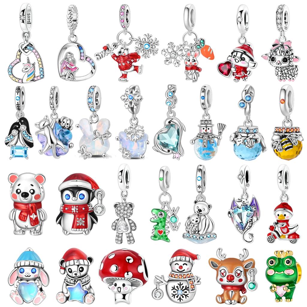 Original Charm 925 Pure Silver Rabbit Snowman Bear Whale Pendant Beads Fit Women's Necklace DIY Bracelet Exquisite Jewelry Gif
