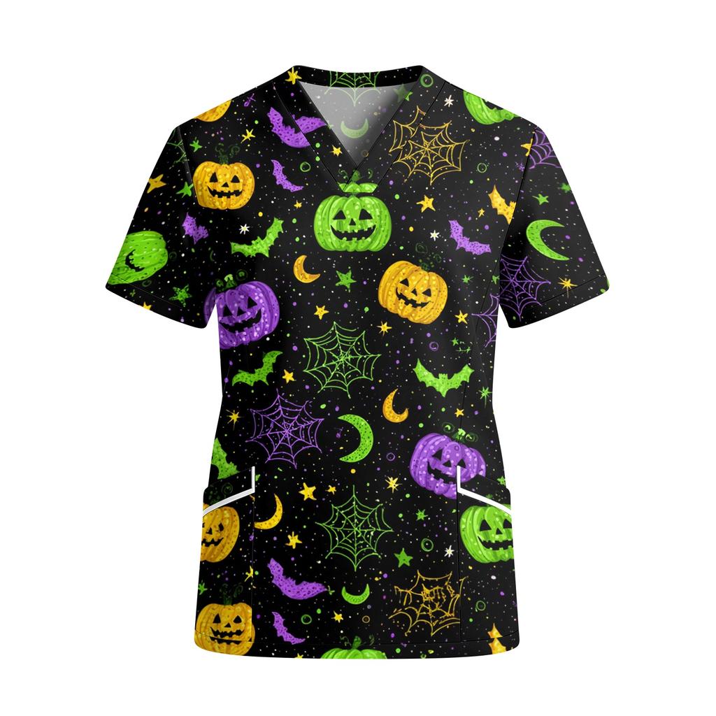 Women V Neck Short Sleeve Work Top with Pockets Halloween Print Floral Pattern Spider Web Design Casual Medical Scrub Shirt