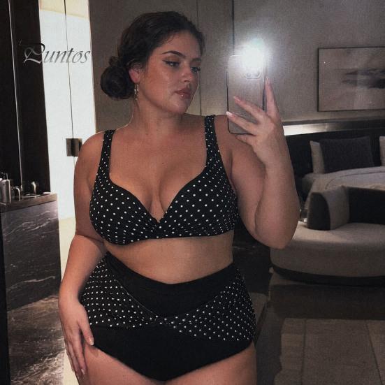 Flattering Plus Size Bikini 2Pcs/Set Set, Cross-Chest V-Neck Bra with Built-In Support, Women Swimwear High-Waisted Twist Swim Bottoms, Retro