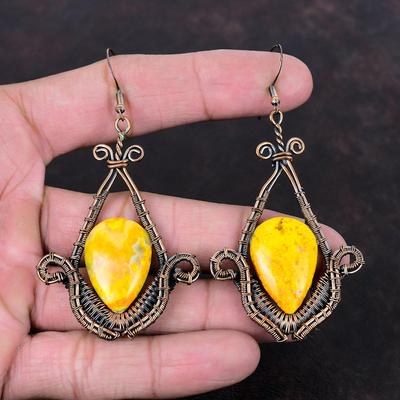 Boucle d'oreille Jaspe Bourdon Boucles d'oreilles Enroulées Fil de Cuivre Boucle d'oreille Décente Faite à la Main Bijoux Pierre Naturelle Boucle d'oreille Pendant Bijoux en Cuivre Pour Cadeau