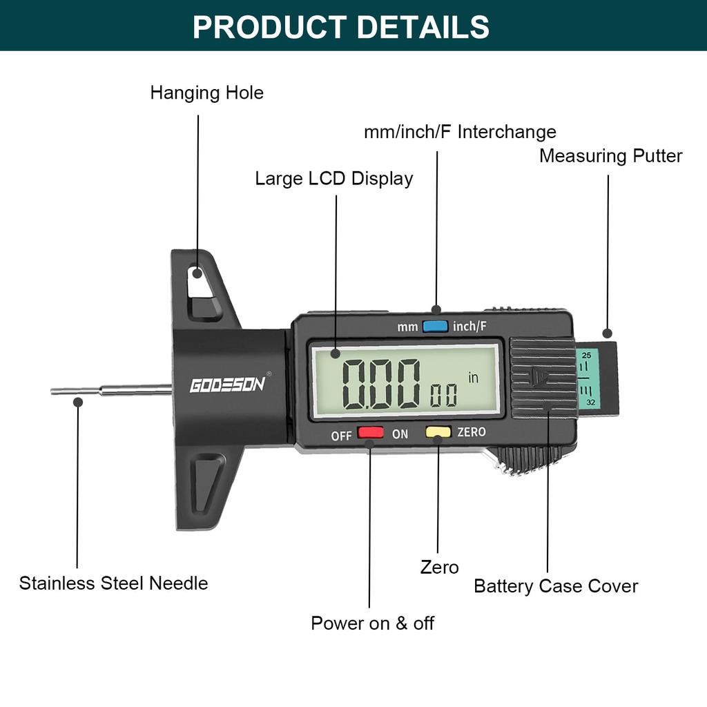 GODESON Tire Tread Depth Gauge, Digital Tire Tread Depth Gauge With 3 Modes-Fractional Inch, Decimal Inch And Millimeter, Tire Depth Gauge For