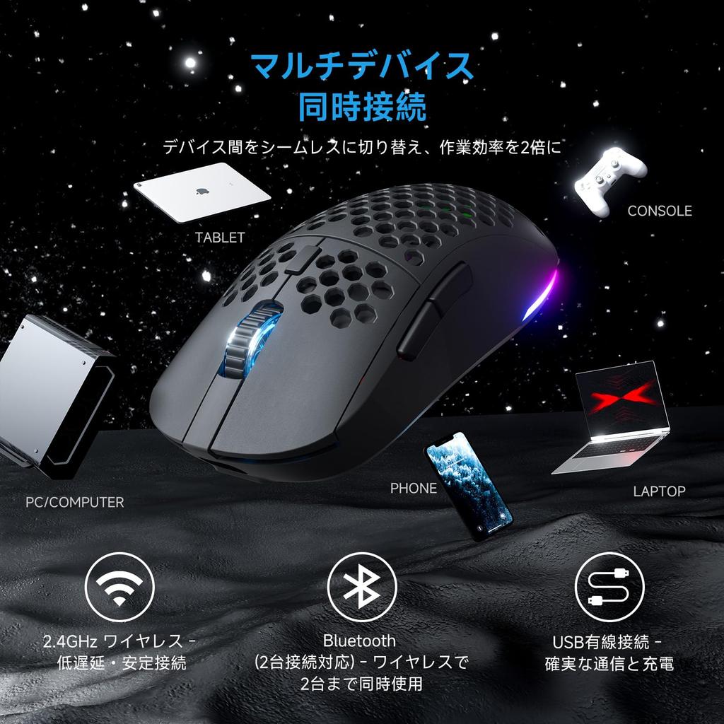 DIERYA Falcon M1 Bezdrátová herní 24000 Baterie 6 Přizpůsobitelná RGB Drátová myš, DPI, 180hodinová výdrž, Ultralehká 90g, Tlačítka, 2.4G/BT5.2/USB-C