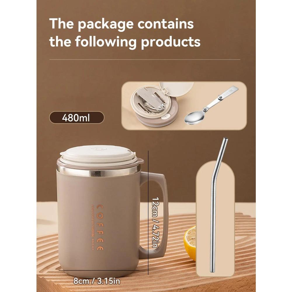 WORTHBUY 480ml 304 Stainless Steel Coffee Mug With Lid&Spoon&Straw,Insulated Coffee Cup For Student Adult Office Drinking Cup