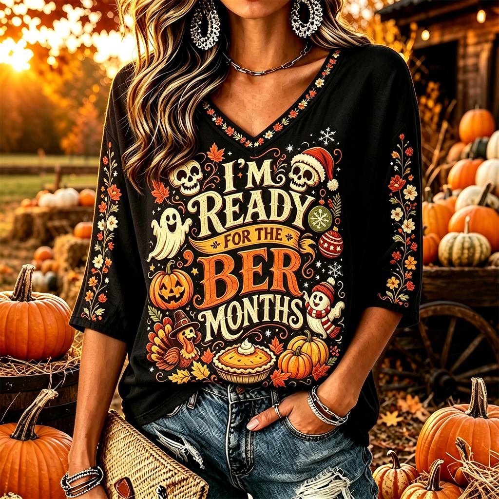 Women's Casual Thanksgiving Print V-Neck Pullover Top
