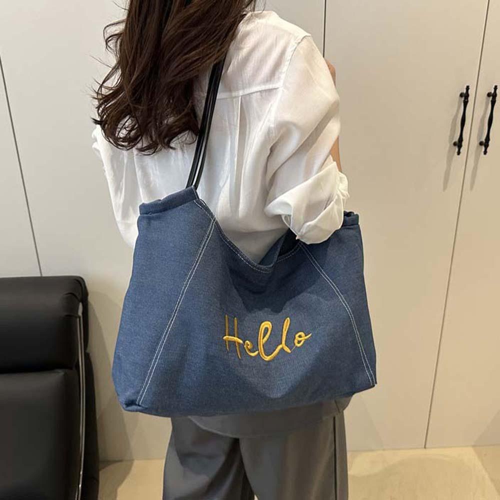 Korean Style Denim Blue Tote Bag Portable Large Capacity Underarm Bag  Travel
