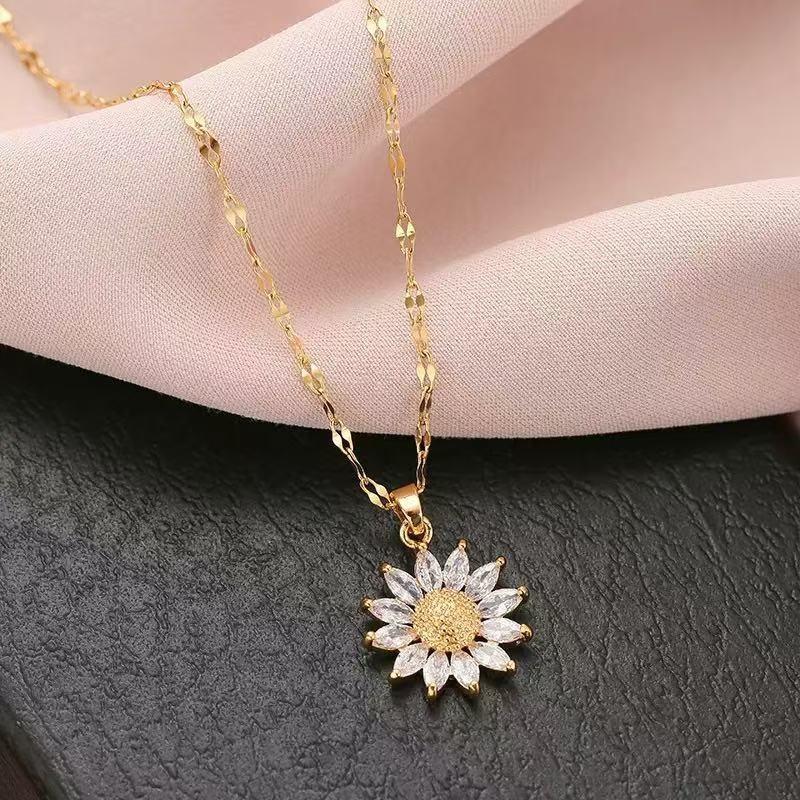 Shiny Sunflower Pendant Necklace For Women Girls Sweet Stainless Steel Clavicle Chain Jewelry Accessories Gift