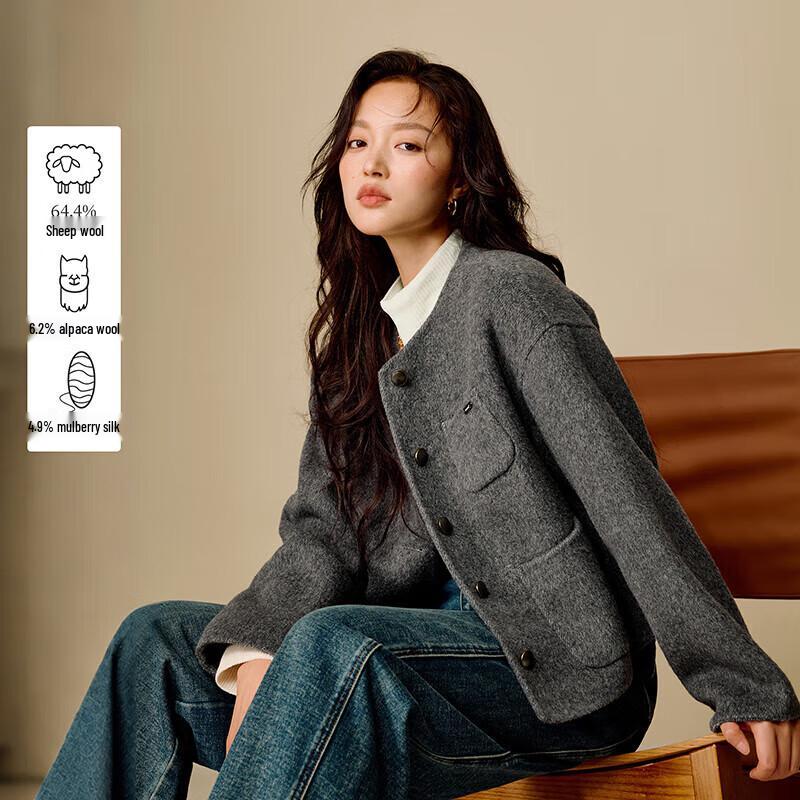 INMAN Women's 2025 Winter Alpaca Wool Silk Blend Double-Faced Short Coat