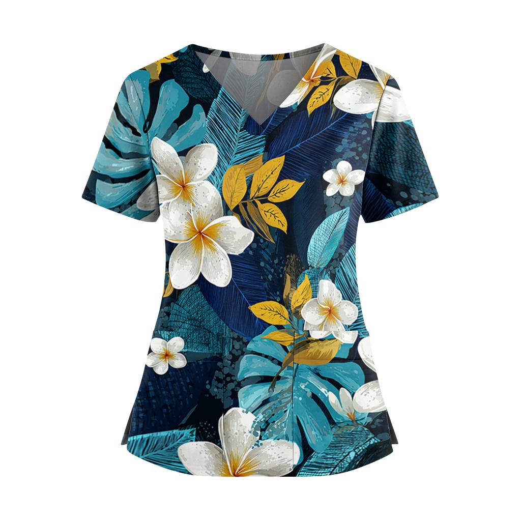 Women's Hawaiian Print V-Neck Double Pocket Short Sleeve Uniform/ Top