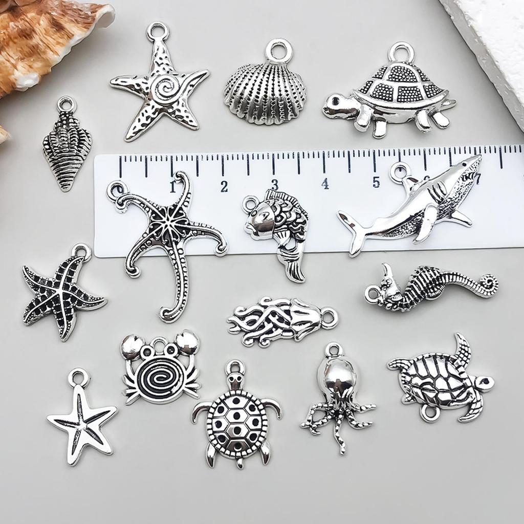Antique Silver Ocean Starfish, Seahorse & Shark Pendant Charm for DIY Jewelry