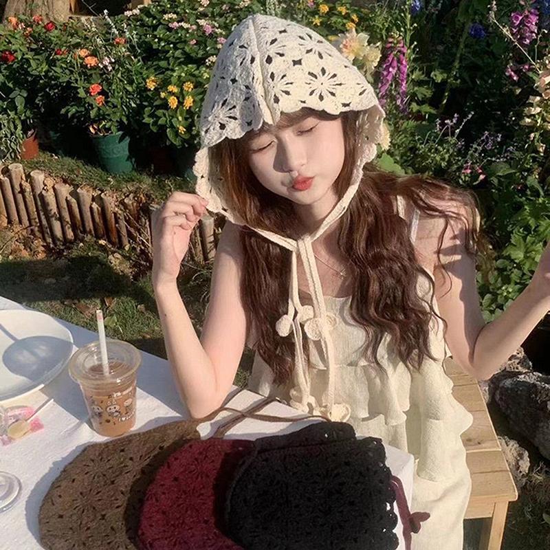 Boho Thin Hollow Handmade Crochet Hats For Women Girls Spring Summer Travel Versatile Beanies Cap Sweet Casual Turban Mesh Hat