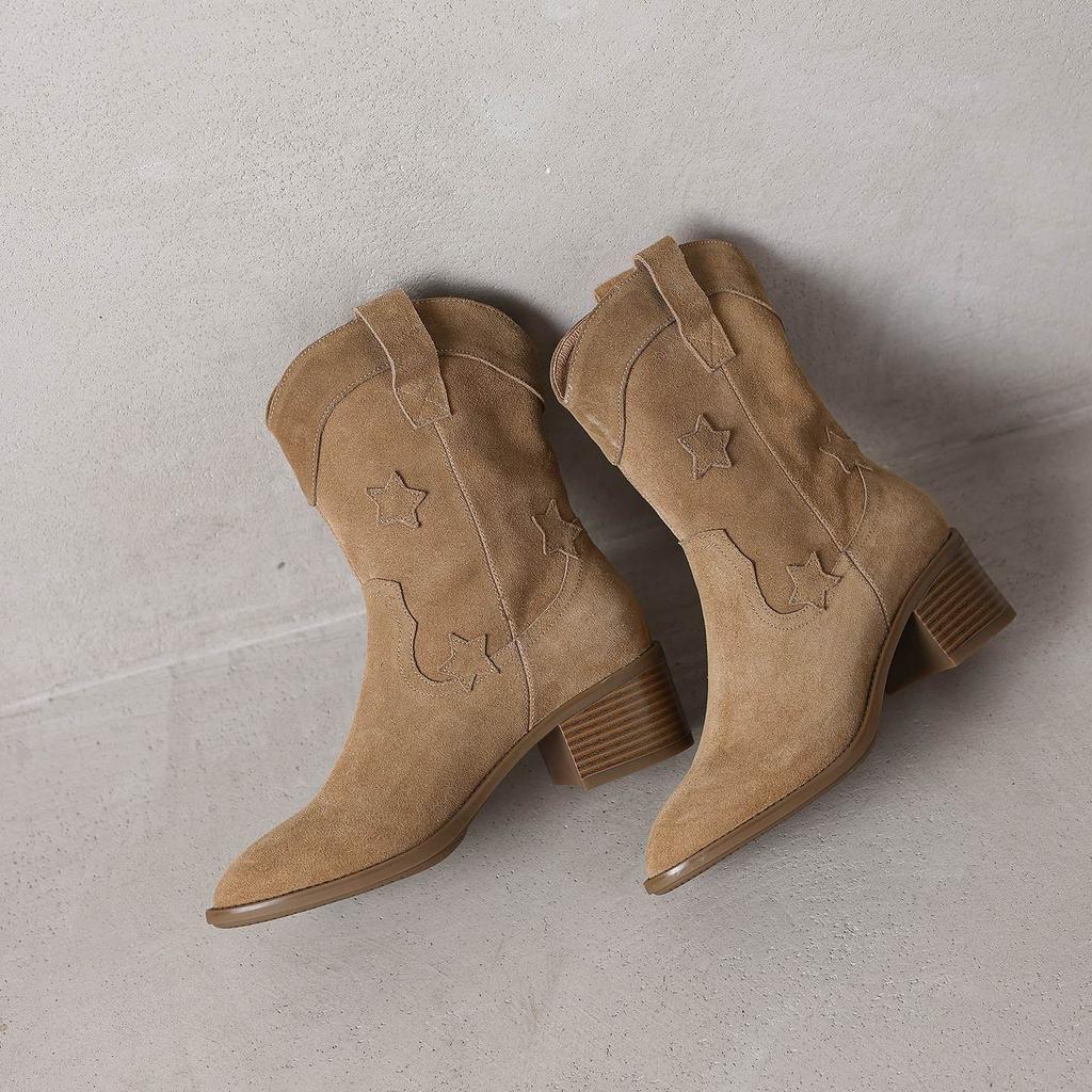 Krazing Pot Cow Suede Nubuck Winter Round Toe Modern Boots Med Heels Slip On Five-Star Decoration Women Mid-calf Boots