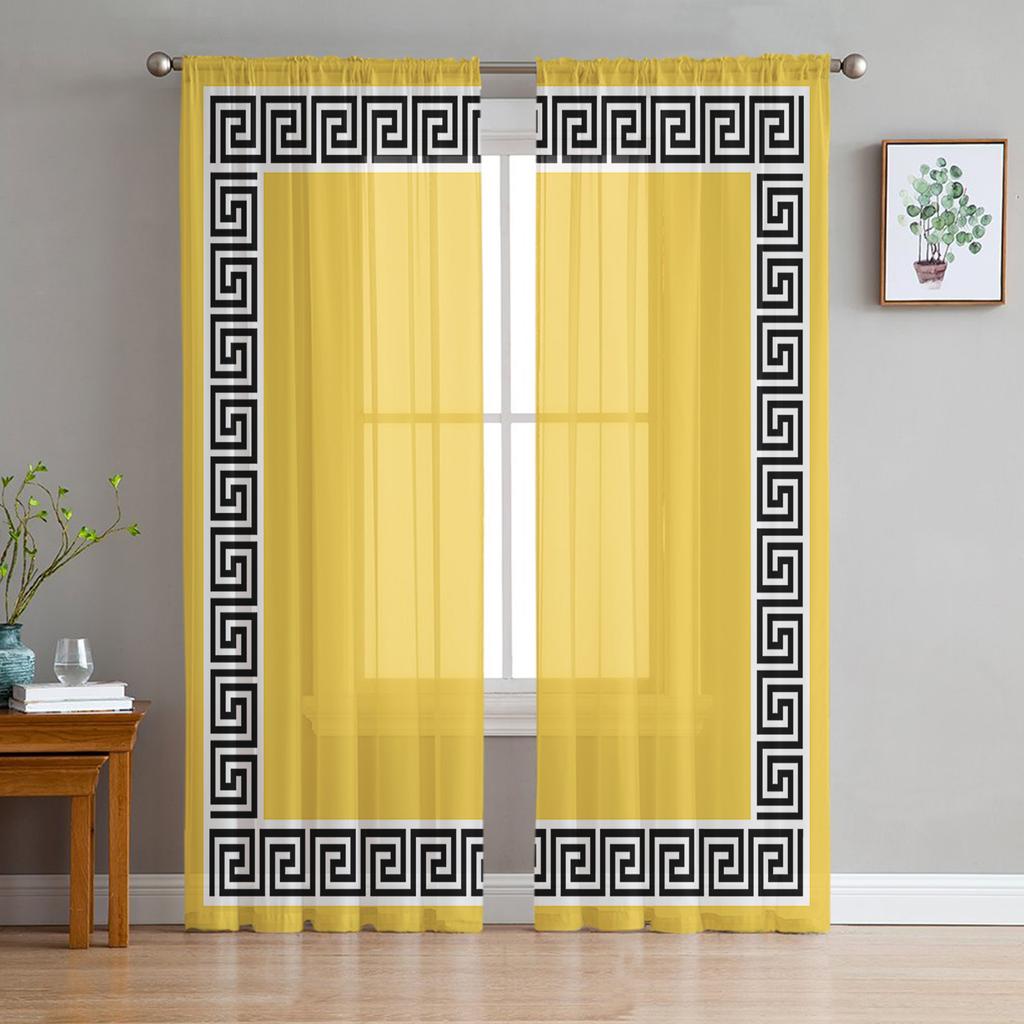 Cortinas Voile Transparentes con Patrón Geométrico Rojo de Llave Griega para Ventana de Salón, Cortina de Tul de Chifón para Cocina, Dormitorio, Cortinas Decorativas para el Hogar