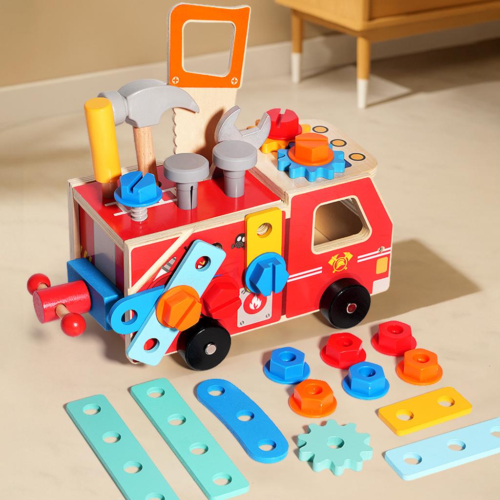 Wooden Montessori Fire Truck - Nut Screw Disassembly Assembly Tool Car, STEM Toy for Toddlers to Develop Hands-On Skills