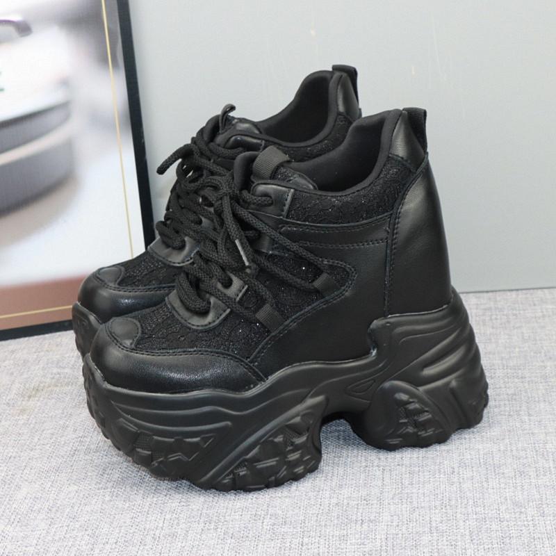 Fashion 12cm Hidden Heel Dad Shoes Women Thick Sole Casual Breathable Mesh Block Heel 10cm White Sneakers