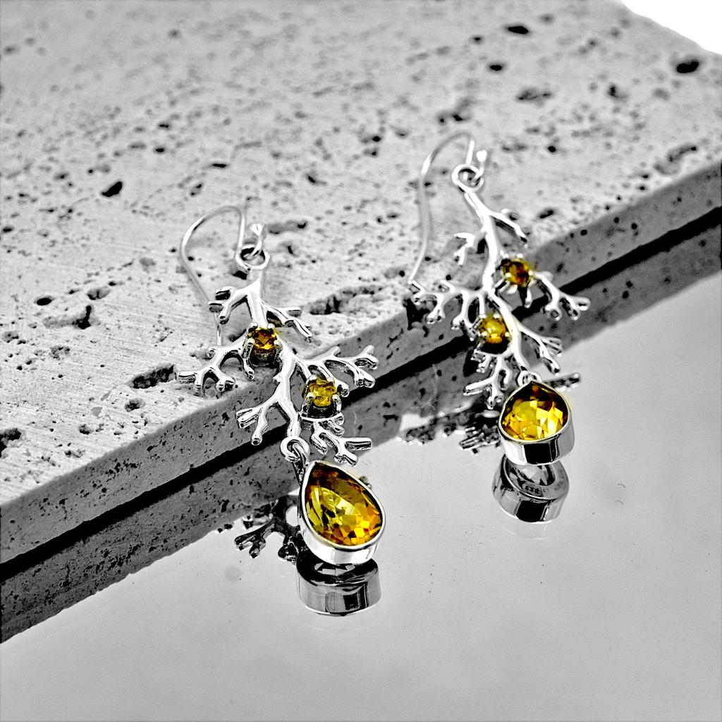 Tree Root Earrings, Natural Citrine Earring, 925 Sterling Silver Jewelry, Birthday gift