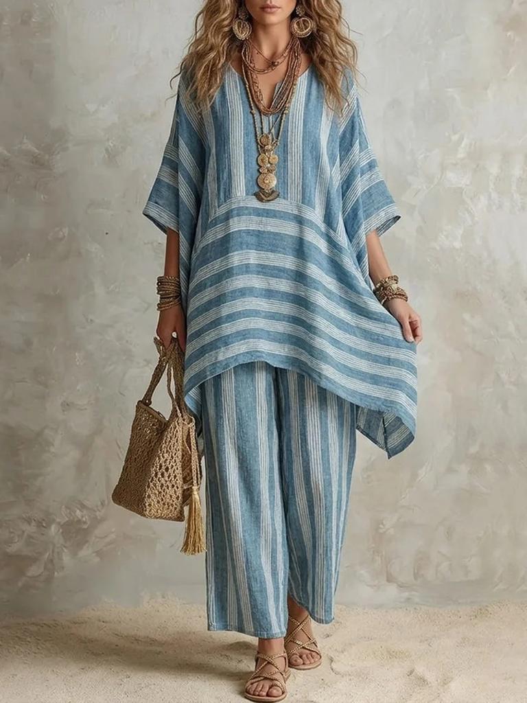 Dames gestreept print V-hals top met halve mouwen en wijde broek tweedelig set casual losse pasvorm zomeroutfit