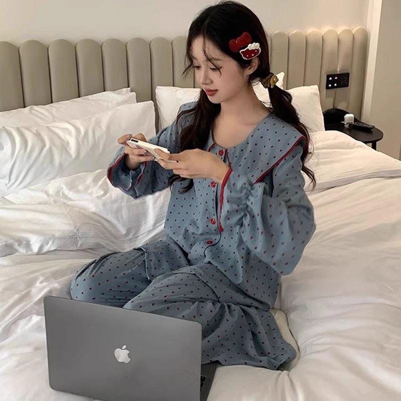 New Seasonal Nightwear for Women: Cardigan-Style Checked Pinafore-Neck Long-Sleeved Pyjamas with Trousers – Homewear Set