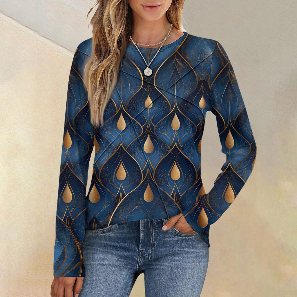 Mote Dame Langermet Rund Hals Casual Plissert Retro Blomstret Løs Topp