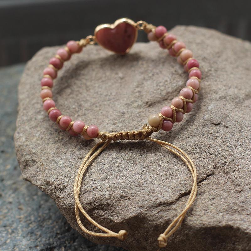 Bohemian Red Heart-Shaped Redwood Stone Double-Layer Woven Women's Bracelet