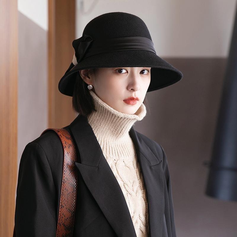 Filzhut Damen Herbst und Winter Wolle Neu Schwarzer Zylinder Retro Mode Vielseitiger Bucket Hat Wollene Beckenmütze Damen Winter