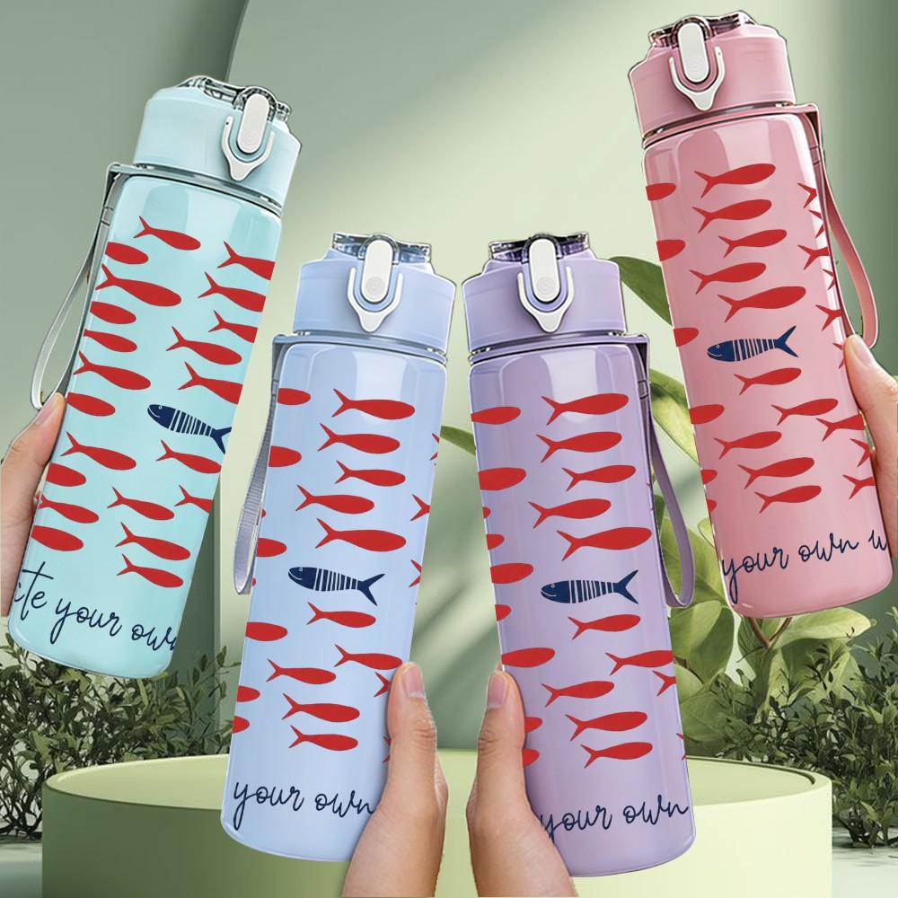 1PC Red Fish School Pattern Print 750ml Color Plastic Sports Water Bottle Leakproof Flip Straw Lid Suitable for Sports Office Home Use