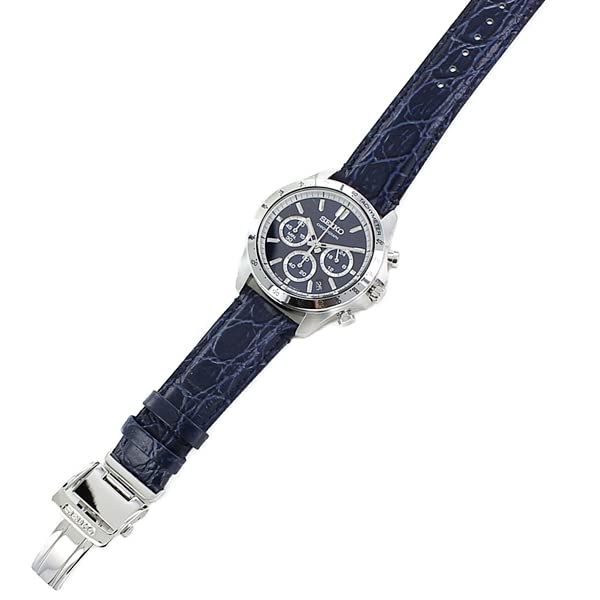 SEIKO SPIRIT Chronograph Watch, Navy Leather Strap Model SBTR019, Silver Case, Men's Everyday Business Style