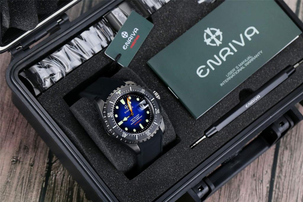 ENRIVA Men's Automatic Diver Watch – NH35 Movement, 1000M Water Resistant, Sapphire Crystal, Ceramic Bezel, Blue Dial, 2 Straps & Tool Kit