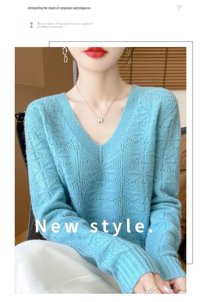 Women's V-Neck Hollow-Out Wool Sweater: Long-Sleeved, Loose-Fit Knit Base Layer